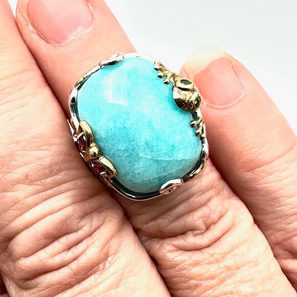 Michael Valitutti Ring Blue Green Gemstone Frog Sterling Silver Gold Size 6 - Picture 3 of 4
